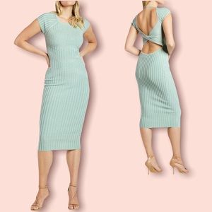 Ribbed Twist Back Short Sleeve Midi Sweater Dress. Color:Mint Halo